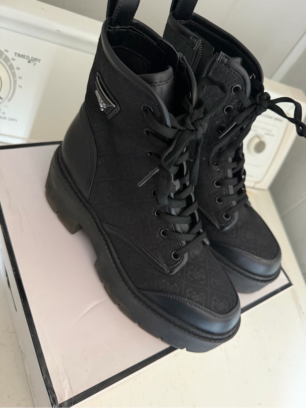 Guess Black Lace-Up Combat Boots with Lug Sole